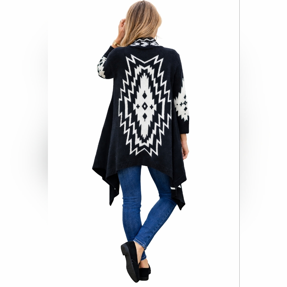 Aztec Cardigan Southwestern Open Front Waterfall Drape Cozy Knit Large X-Large - Picture 2 of 14